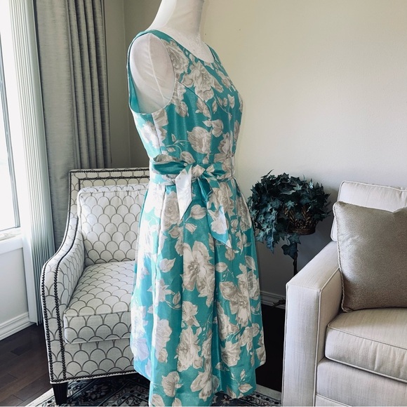 Jessica Howard Turquoise White Taupe Belted Fit And Flare Swing Dress - Picture 3 of 16